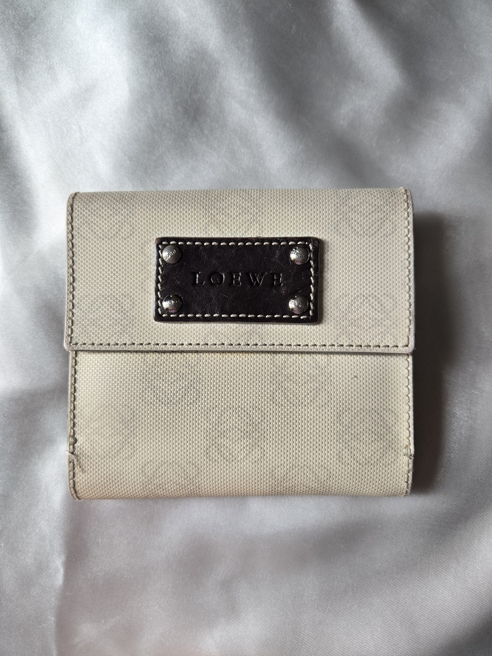 Loewe Cream Canvas Wallet with Dark Brown Leather Logo Plaque